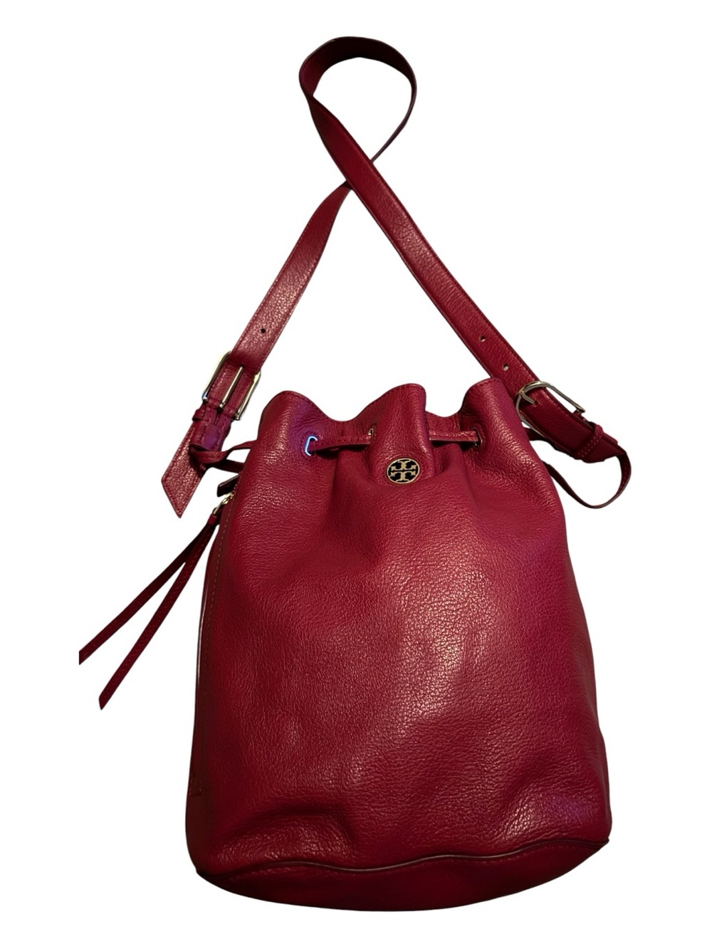 NWOT Tory Burch Dark Berry Red Pebbled Leather Drawstring Shoulder Bucket Bag